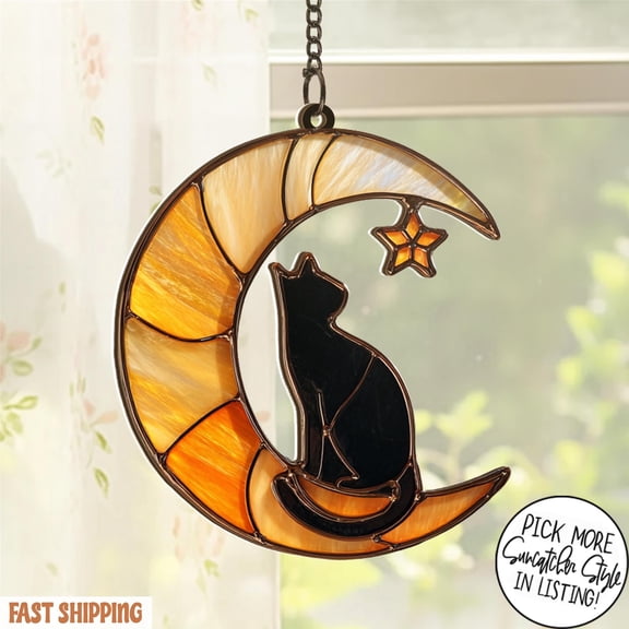 Cat Crescent Moon Acrylic Suncatcher Handmade Window Hanging Home Decor Gift for Cat Moon Lovers