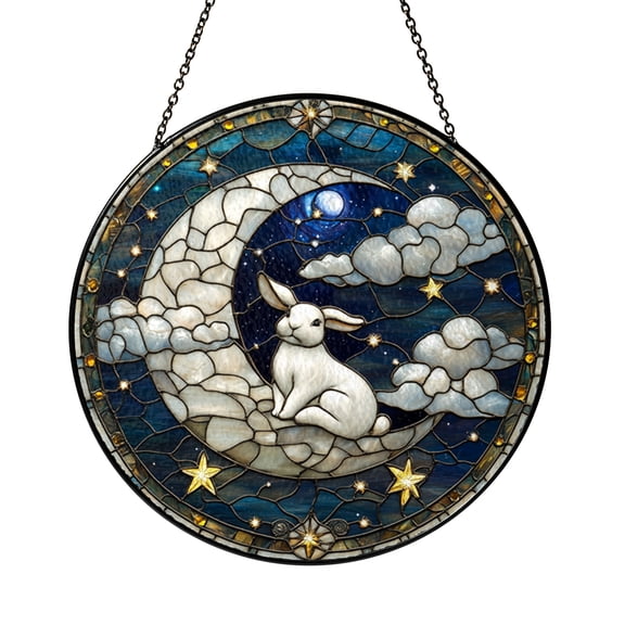 Cat on Crescent Moon Stained Glass Suncatcher Window Hanging Decor, Cute Feline Starry Sky Decorative Glass Style Window Panel, Fantasy Night Theme Art Ornament for Home Window Decoration
