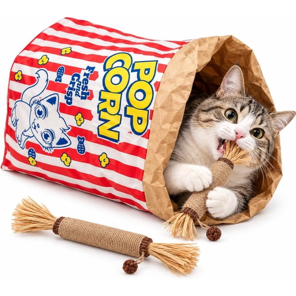 Cat Crinkle Bag with Free Silvervine Stick, 29.5" Extra Long Cat Tunnel Bed, Interactive Cat Toy & Hideaway Sack, Durable Kraft Paper Cat Tunnels for Indoor Cats & Essential Kitten Supplies
