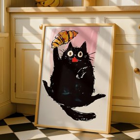 Cat Croissant Kitchen Cafe Breakfast Fun Poster