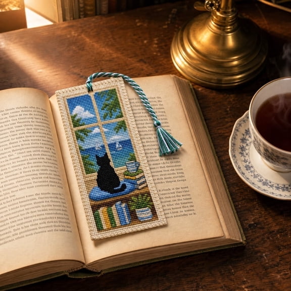 Cat Cross Stitch Bookmark Kit for Beginners 4 Seasons Design, DIY Counted Cross Stitch Kit with Fabric Thread Needle for Book Lovers Handmade Gift Craft, B