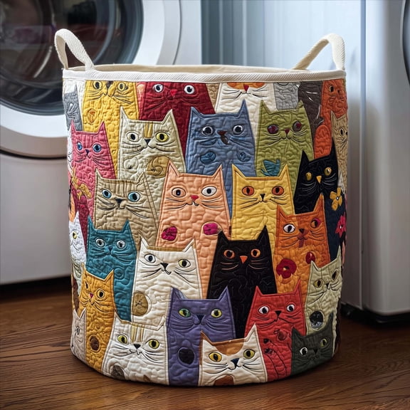 Cat Crowd Quilted Laundry Basket, with Handles, Foldable Clothes Hamper for Bedroom Storage