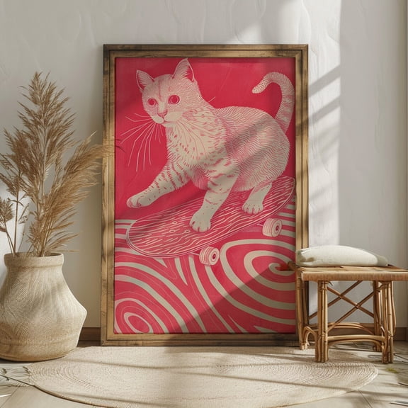 Cat Cruiser Retro Skateboard Art Skateboarding Print, Unframed Paper Print