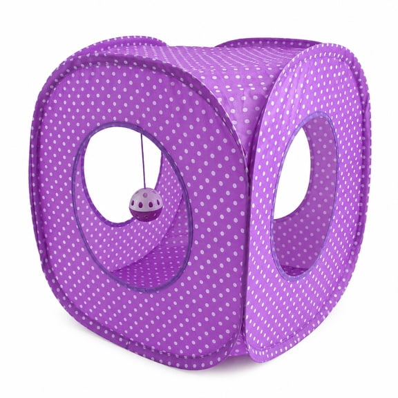Cat Cube Toy, Collapsible Cat Tunnel Cube with Hanging Ball, Wave Dot Pattern Kitty Hideaway Playground for Indoor Cats & Kittens