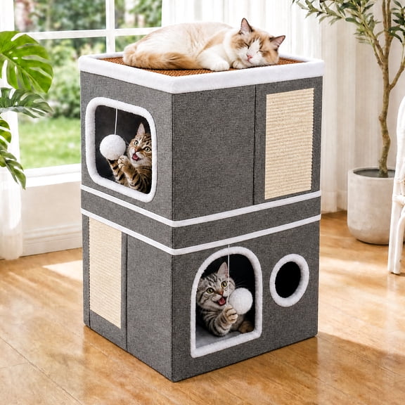 Double Cat Bed for Indoor Cats, 2-Storey Cat House, Foldable Covered Cat Cave Beds & Furniture with Scratch Pad and Hideaway Condo