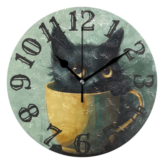 Cat Cup Wall Clock 10 inch Non-Ticking Easy to Read Decorative Clocks for Home Bedroom Living Room