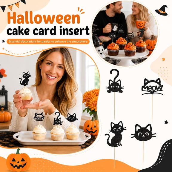 Cat Cupcake Toppers, 12 Piece Black Glitter Black Cat Halloween Decor, Wooden Picks for Holiday, Cake and Cupcake Decor for Halloween Party and Pet Themed Celebrations