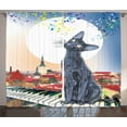 thumbnail image 1 of Cat Curtains 2 Panels Set, Black Cat on Rooftop of Old Apartment in Sunset Horizon with Musical Notes and Keyboard, Window Drapes for Living Room Bedroom, 108W X 90L Inches, Multicolor, by Ambesonne, 1 of 2