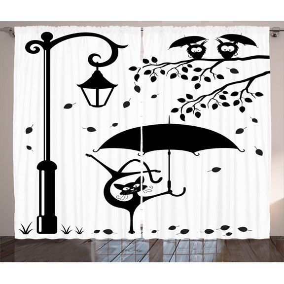 Ambesonne Cat Curtains 2 Panel Set, Funny Kitty with Umbrella, 108" x 63", White and Black