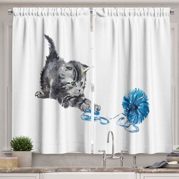 Ambesonne Cat Kitchen Curtains, Playful Kitten Furry, 55"x39", Grey Blue