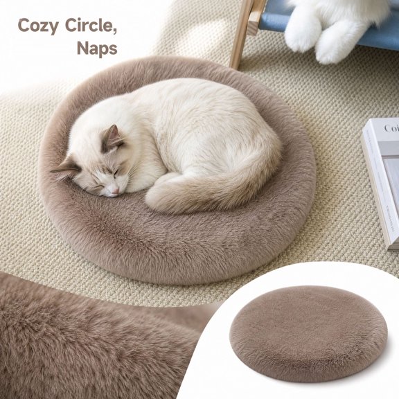 Cat Cushion Pad, Plush Round Cat Bed for Indoor Cats, Soft Fluffy Pet Bed Mat for Small Dogs, Cozy Sleeping Pad for Floor, Crate and Home,Khaki