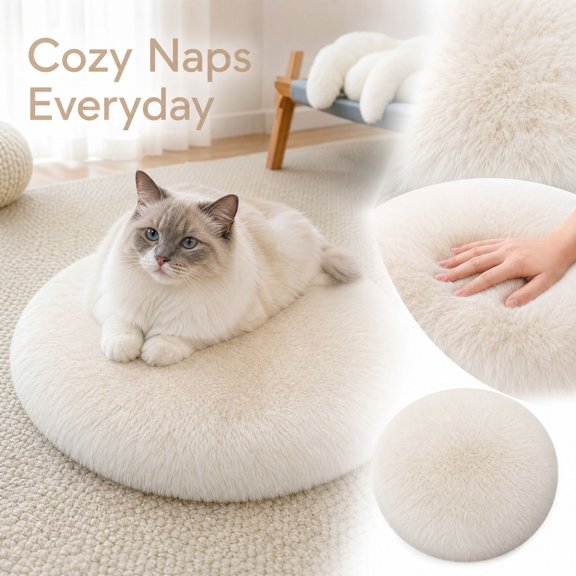 Cat Cushion, Soft Plush Round Cat Bed, Cozy Pet Bed Mat for Indoor Cats and Small Dogs, Fluffy Sleeping Pad for Floor, Bedroom and Pet Corner,Beige