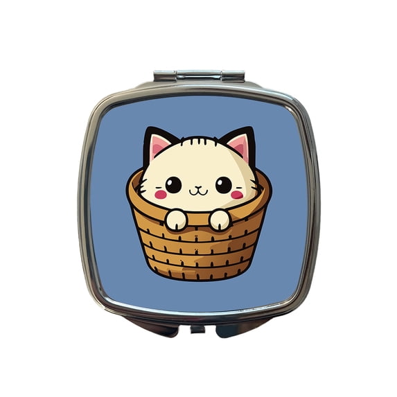 Cat Cute Chibi in Basket Travel Makeup Handbag Purse Small Pocket Compact Mirror