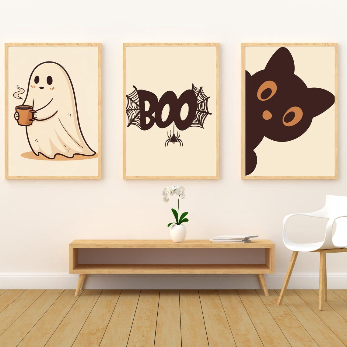 Cat Cute Ghost With Coffee Boo Spider Web Peeking Spooky Fall Decprints ...