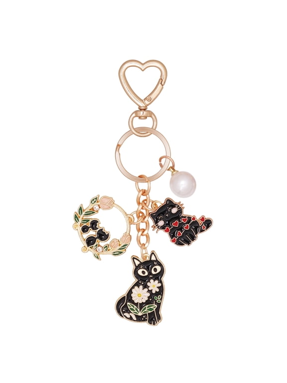 Cat Cute Initial Keychain Bag Charm Purse Kitten Charms Keychain, Handbag Backpack Car Accessories keychians for Kawaii Bag Accessories Charms(Black)