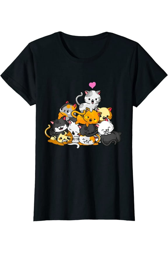 Cat Cute Kitty Pile Cats Anime Kawaii Gift Women Girls T-Shirt