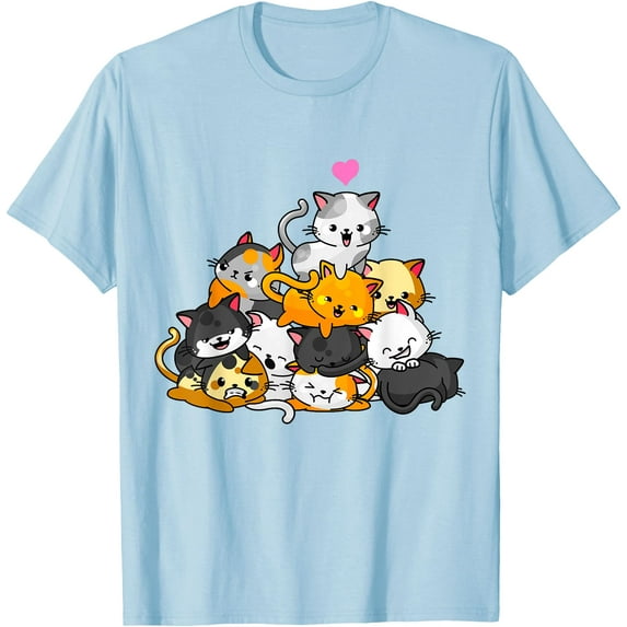 Cat Cute Kitty Pile Cats Anime Kawaii Neko Gift Unisex T-Shirt for Men Women Kids Toddler,Light Blue Color,Size YS