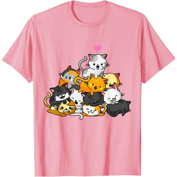 Cat Cute Kitty Pile Cats Anime Kawaii Neko Gift Unisex T-Shirt for Men Women Kids Toddler,Light Pink Color,Size M