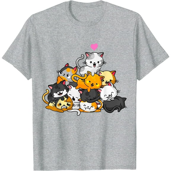 Cat Cute Kitty Pile Cats Anime Kawaii Neko Gift Unisex T-Shirt for Men Women Kids Toddler,Sport Grey Color,Size 2T