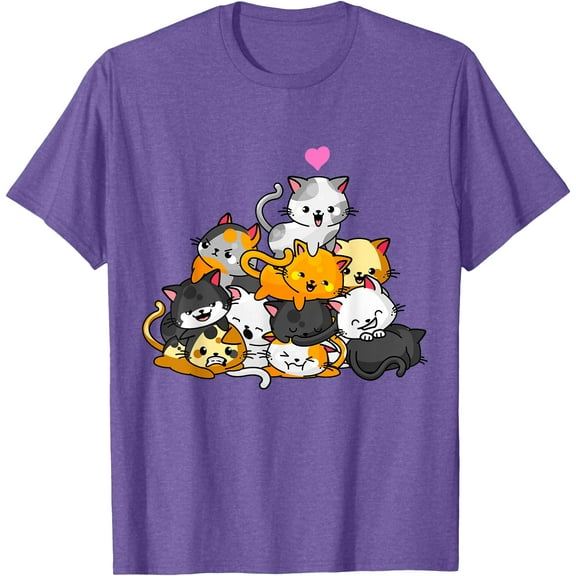 Cat Cute Kitty Pile Cats Anime Kawaii Neko Gift Unisex T-Shirt for Men Women Kids Toddler,Violet Color,Size L