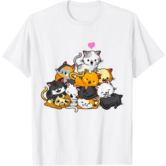 Cat Cute Kitty Pile Cats Anime Kawaii Neko Gift Unisex T-Shirt for Men Women Kids Toddler,White Color,Size L