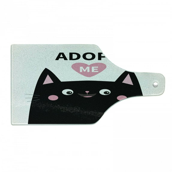 Cat Cutting Board, Adopt Me Lettering with a Heart and a Smiling Pet, Decorative Tempered Glass Cutting and Serving Board, in 3 Sizes, by Ambesonne