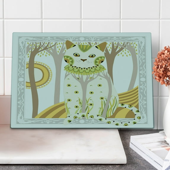 Cat Cutting Board, Exquisite Magic Cat with Ornaments Fantasy Forest Framework, Decorative Tempered Glass Cutting and Serving Board, Large Size, Multicolor, by Ambesonne