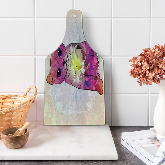 Cat Cutting Board, Geometrc Digital Color Robot Cat with Technologic Patterns Little Retro Art, Decorative Tempered Glass Cutting and Serving Board, Wine Bottle Shape, Pink Fuchsia, by Ambesonne
