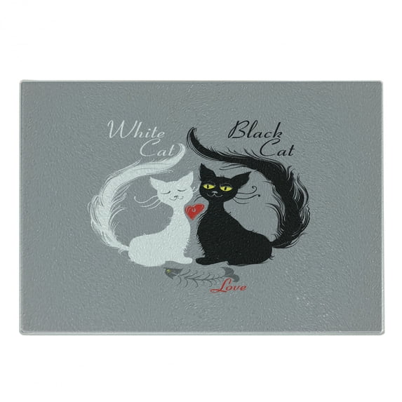 Cat Cutting Board, Pair of Cats in Love Having Eaten Fish Red Heart Romantic Black and White Kitties, Decorative Tempered Glass Cutting and Serving Board, Small Size, Black White Grey, by Ambesonne