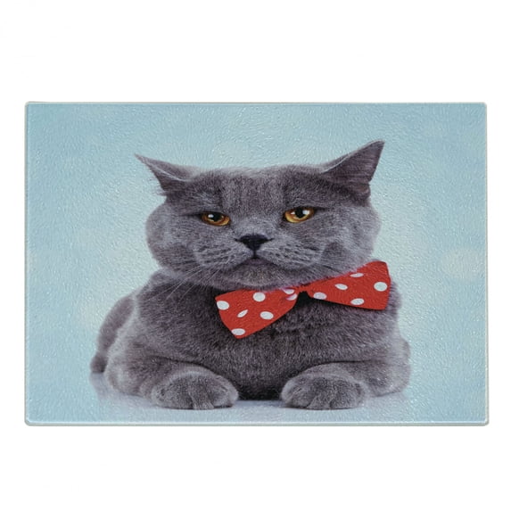 Cat Cutting Board, Tuxedo Grey Scottish Fold Theme White Polka Dots Tie Bow Funny Illustration, Decorative Tempered Glass Cutting and Serving Board, Small Size, Pale Blue Purpleblue, by Ambesonne