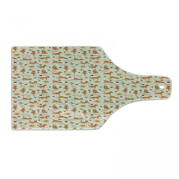 Cat Cutting Board, Do Yoga Be Happy Theme Warm Cats in Positions Smiling Suns Paws Prints Hearts, Tempered Glass Cutting and Serving Board, Wine Bottle Shape, Cream Orange Brown, by Ambesonne