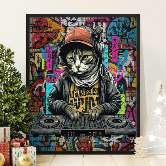 Cat DJ Graffiti Art Print Tabby Kitten with Headphones Music Room Decor, Unframed Paper Poster 8x10in