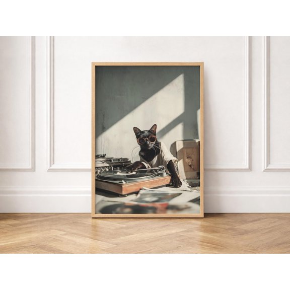 Cat DJ Turntable Vinyl Record Music Classic Wall Art Wall Art Unframed Paper Print