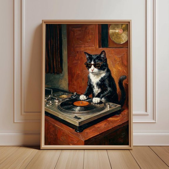 Cat DJ Vinyl Wall Art, Retro Turntable Print, Cool Record Player Decor, Home Studio Accent, Funny Music Lover Gift, Poster Only
