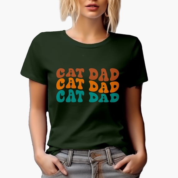Cat Dad, Cat Lover or Owner Dads Themed, Groovy Retro Wavy Text Merch Gift, Military Green T-Shirt, Small