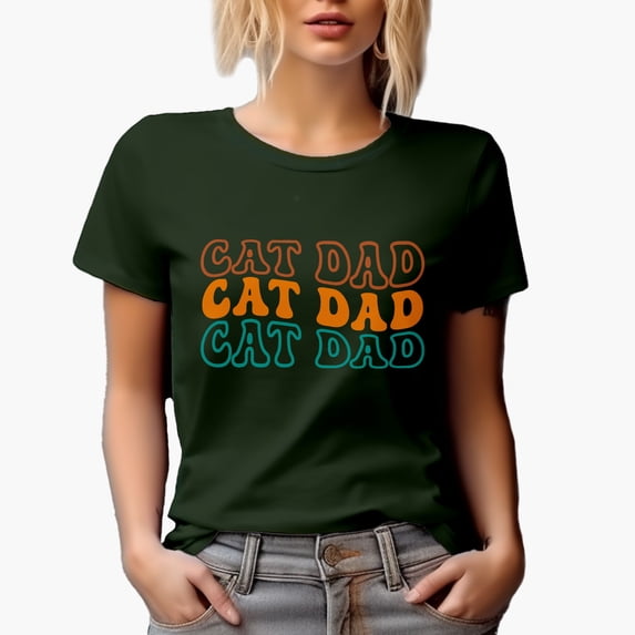 Cat Dad, Cat Owner or Lover Fathers Themed, Groovy Retro Wavy Text Merch Gift, Military Green T-Shirt, XL