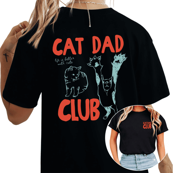 Cat Dad Club Funny Cat Graphic Flattering Fit Versatile Tees T-shirt Tops Short Sleeve Round Neck Black S-5XL