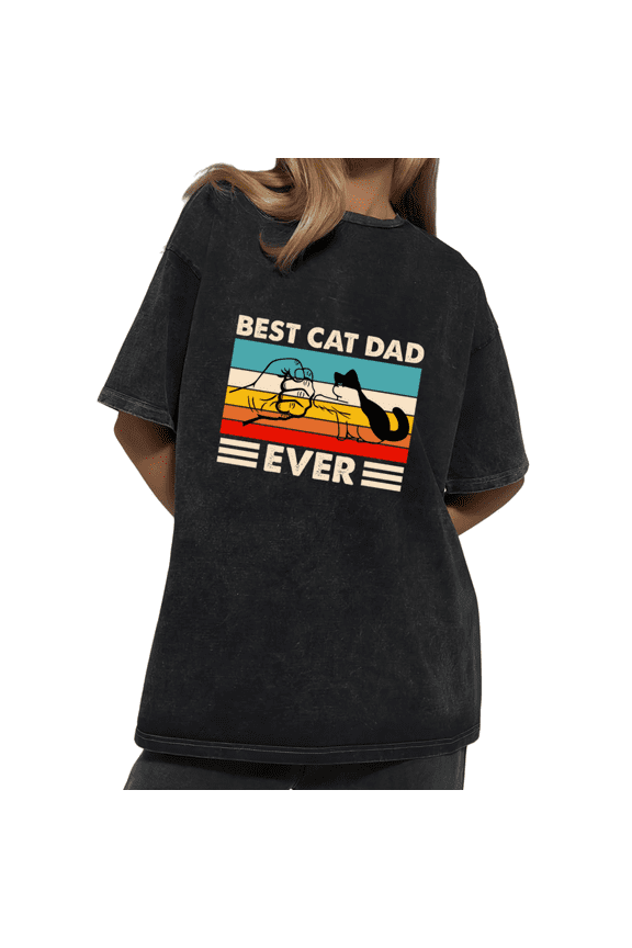 Cat Dad Gift Retro Sunset Graphic Tee Best Cat Dad Ever Oversized Shirt
