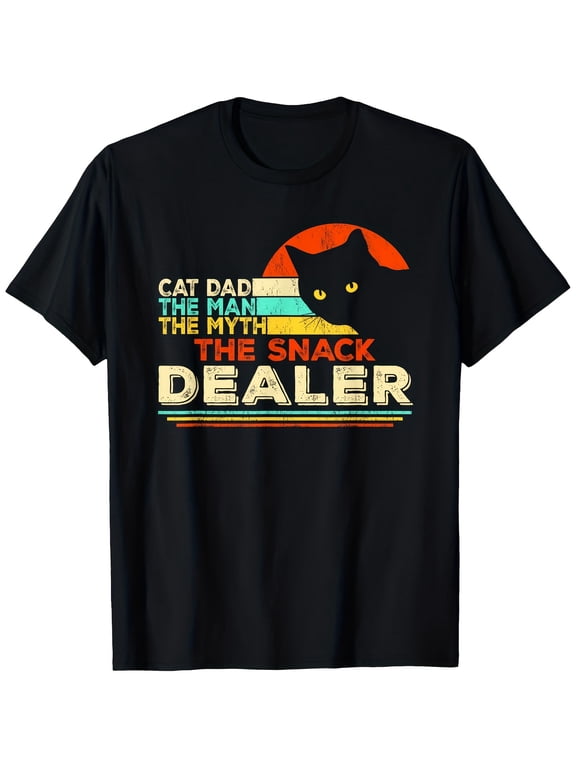 Cat Dad The Man The Myth The Snack Dealer Funny Cat Owner Graphic Tee for Men Women, Cute Father Cat Short Sleeve T-Shirt, Casual Crew Neck Top for Cat Dad Gift