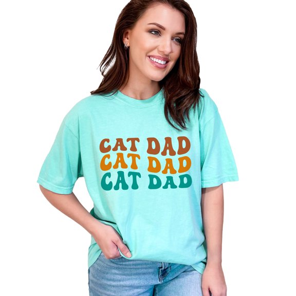 Cat Dad, Name for Dads of Cats, Groovy Retro Wavy Text, Chalky Mint Comfort Colors T-Shirt, XL