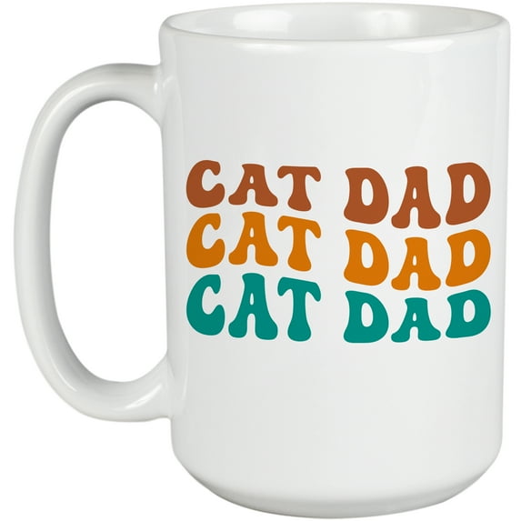 Cat Dad, Name for Dads of Cats, Groovy Retro Wavy Text Merch Gift, White 15oz Ceramic Mug