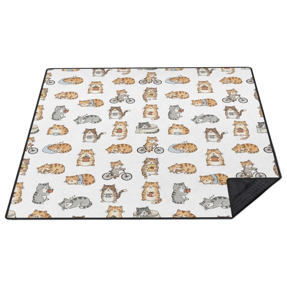 Witite Pattern Cat and Daily Activity White Pattern Waterproof Picnic Blanket, 3-Layer ...