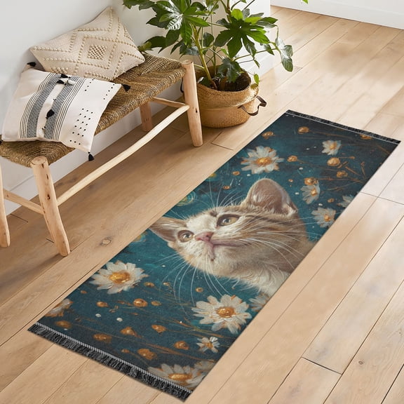 Cat Daisies Starry Sky Runner Rug Machine Washable Area Rugs Carpet Non Slip Entryway Mat for Bedroom Entryway Front Door