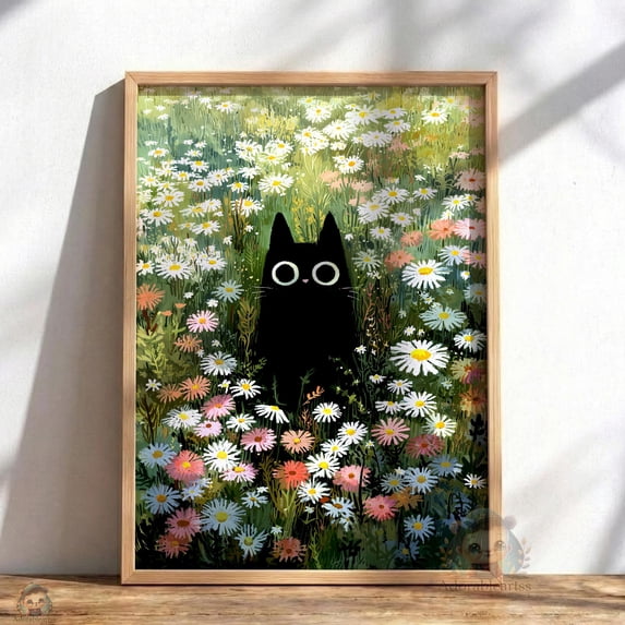 Cat Daisy Meadow Whimsical Folk Floral Field Scene Poster , Poster ...