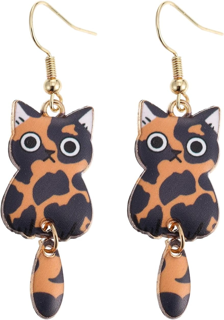 Cat Dangle Earrings, Cute Black Cat Flower Earrings For Women Cat