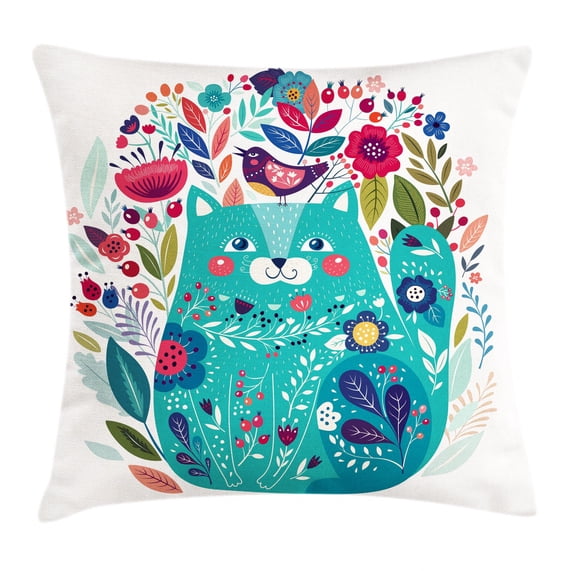 Cat Decor Throw Pillow Cushion Cover, Cute Kitty Surrounded by Birds Flowers Ladybugs Inspirational Folk Baby, Decorative Square Accent Pillow Case, 20 X 20 Inches, Seafoam Multicolor, by Ambesonne