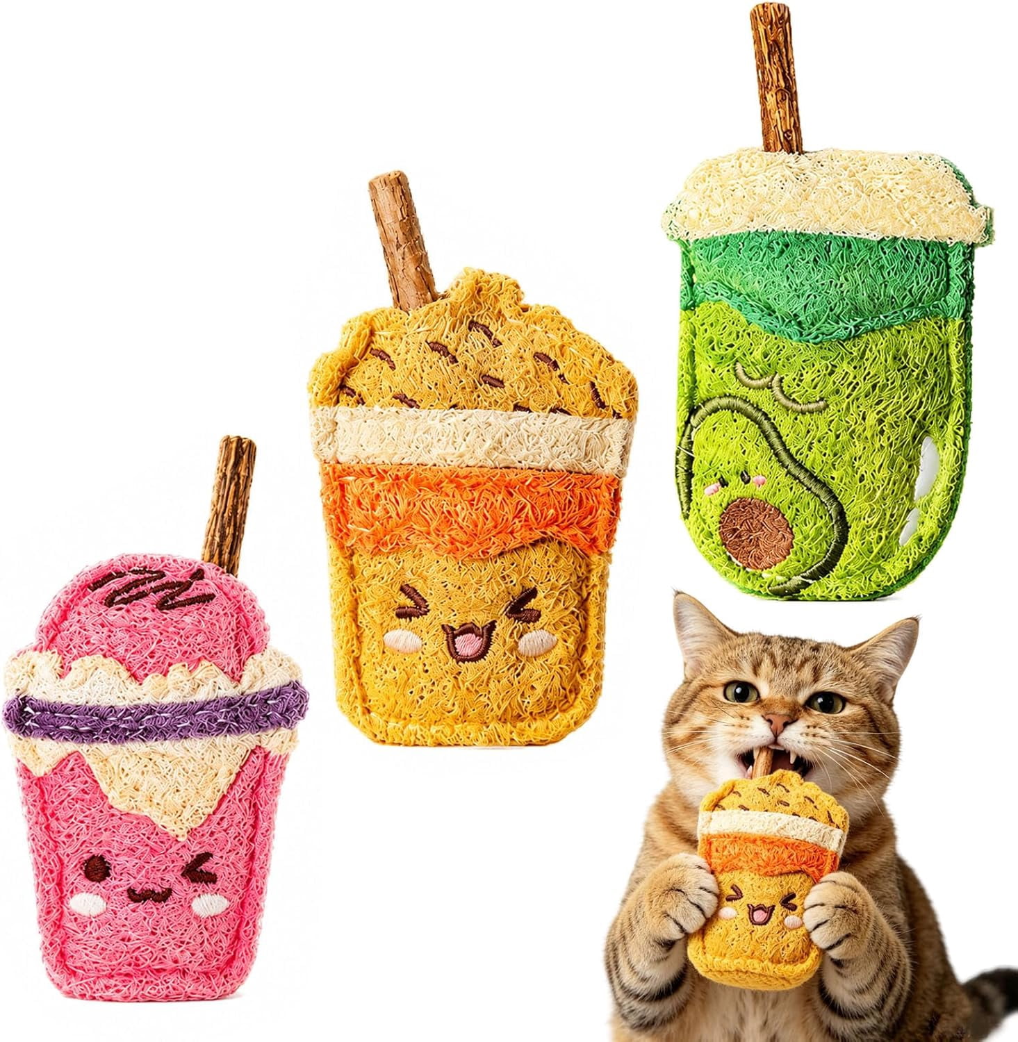 Cat Dental Care Natural Chew Loofah Toys, Silvervine Sticks for Indoor Cats & Kittens, Milk Tea Cup-Shaped Treats, Helps Remove Dental Calculus(RL Mix 3 PCS)