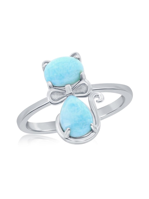 Cat Design Natural Larimar Gemstone Ring | Sterling Silver Ring | Jewelry for Women or Teens-size 9