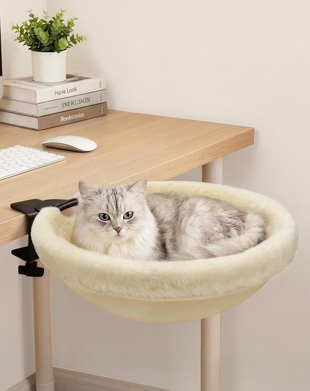 Cat Desk Bed, 16"x16" Sturdy Rotating Cat Bed for Desk with Removable Washable Soft Fabric Hammock Cover, Stable Holds Up to 50 lbs, Space Saving Cat Perch for Home Office, Game Table