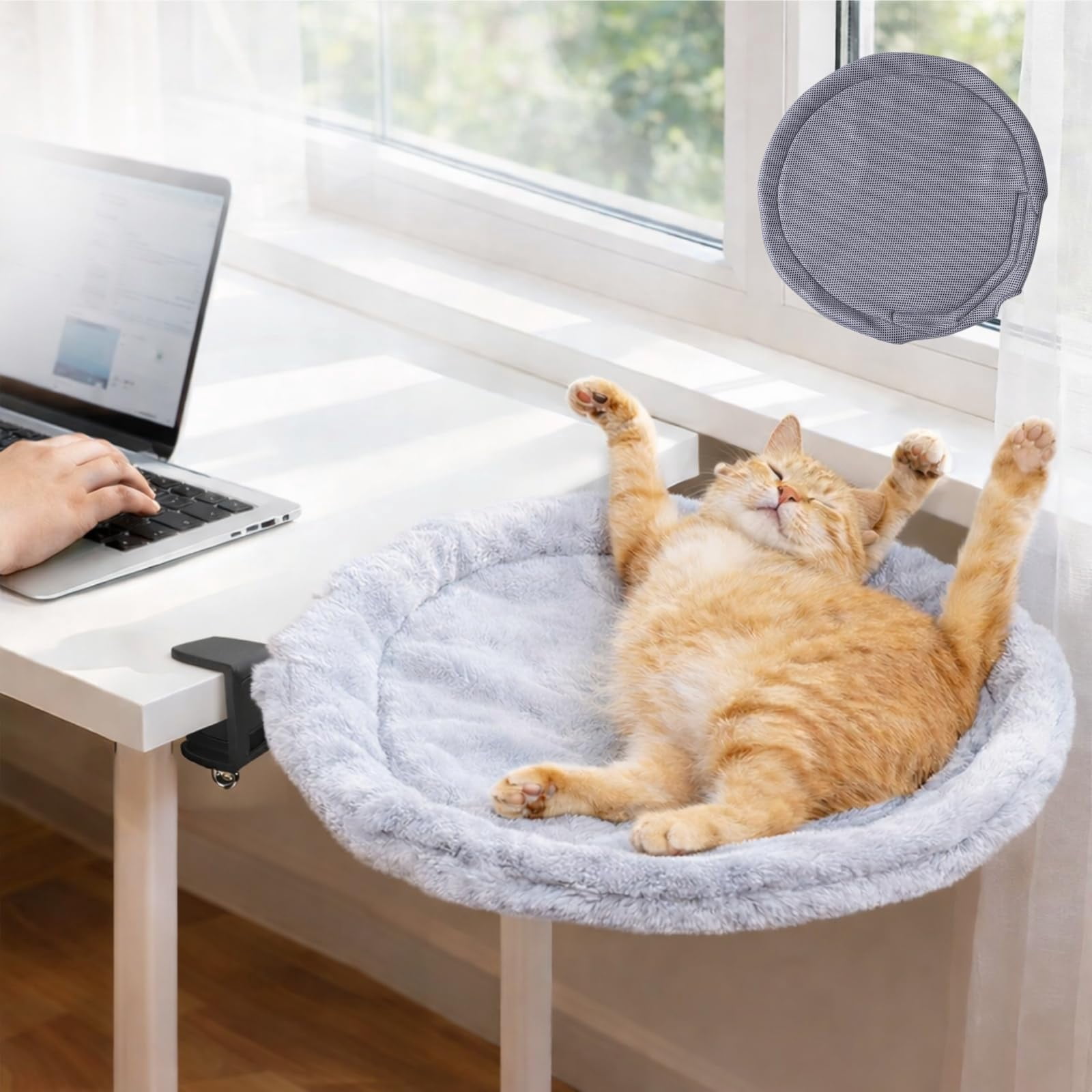 Cat Desk Bed with 360° Rotating Arm, Desk Mounted Cat Hammock with 2 Washable Pads, Heavy Duty Cats Perch, Easy Clamp Install, Supports 45 lbs for Home Office